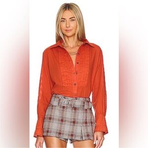 NWT Free People Black Tie Tux Shirt / Tiger Red